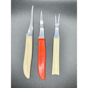 Quikut Stainless USA 3 Piece Kitchen Knife Utensil Set Cream Red Handles Vintage